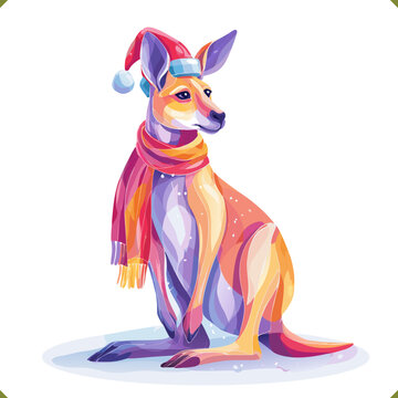 Vector illustration of a colorful kangaroo in a vibrant geometric style, wearing a hat and scarf, isolated on a white background