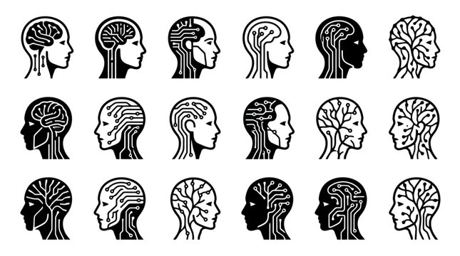 Collection of human head profiles with tree-like brain illustrations.