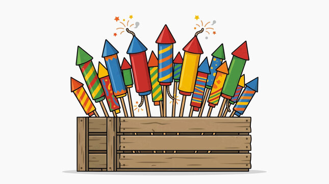 Flat illustration of colorful firework rockets in a wooden crate