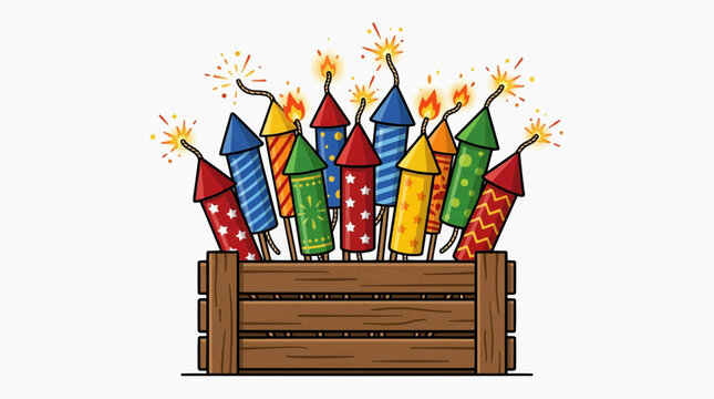 Flat illustration of lit firework rockets with sparks in a wooden crate