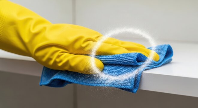 Cleaning surface with microfiber cloth and yellow rubber glove. Cleaning involves wiping down shelves with blue cloth for spotless results. Effective cleaning concept for household chores.