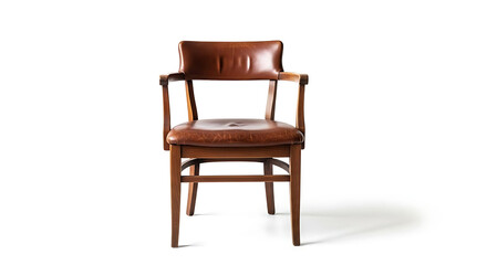 Fototapeta premium Vintage brown leather armchair with wooden frame isolated on white background