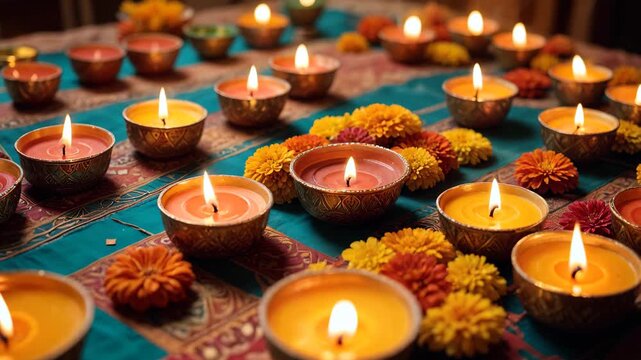 Candles Diyas with flowers indian festivals