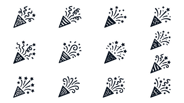 Black party horn icons with fireworks.