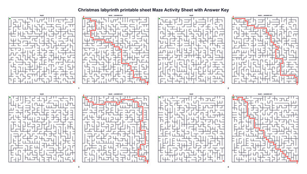 Christmas labyrinth printable sheet. Hard maze activity with 4 puzzles in 2x2 grid. Printable A4 worksheet for students and homeschoolers