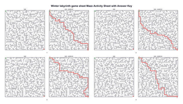 Hard winter labyrinth game sheet. Printable maze activity with 4 puzzles on A4. Answer key included for classroom and homeschool use.