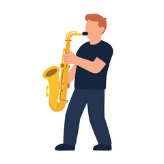 Fototapeta premium Man in dark clothing playing a shiny golden saxophone on a white backdrop