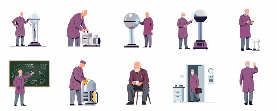 Vector set of an elderly male scientist or professor in a lab coat performing physics experiments, teaching at a blackboard, and engaging in daily laboratory activities.