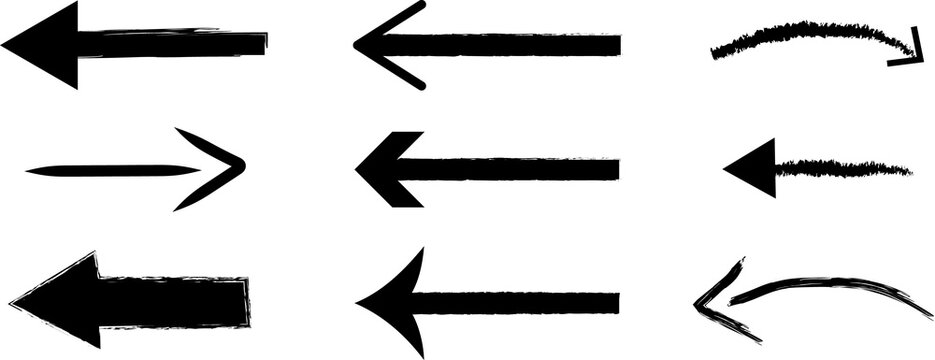 Brush stroke arrows. Rough paintbrush marks different shapes, messy paint splatter textures, hand drawn graffiti pointers.
