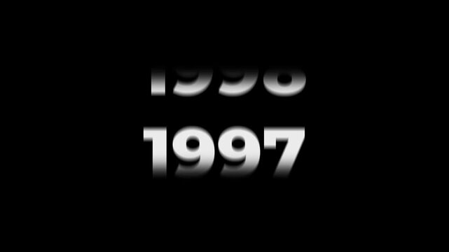 Reverse 35 year counter animation scrolling back from 2026 to 1991. White 3D text on black background. Going back in time flashback and history timeline motion graphics concept.