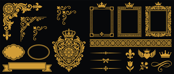 Gold Victorian Royal Ornament Set Vector Template with Crown Heraldic Shield Fleur de Lis Frame Corner Border Elegant Luxury Design Black Background © Salam Studio