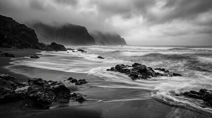Fototapeta premium Misty Black and White Ocean Landscape