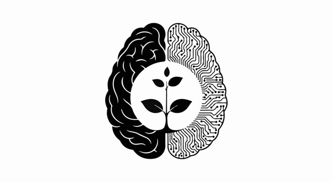 Symbol of growth and intellect, a brain split between organic nature and technology