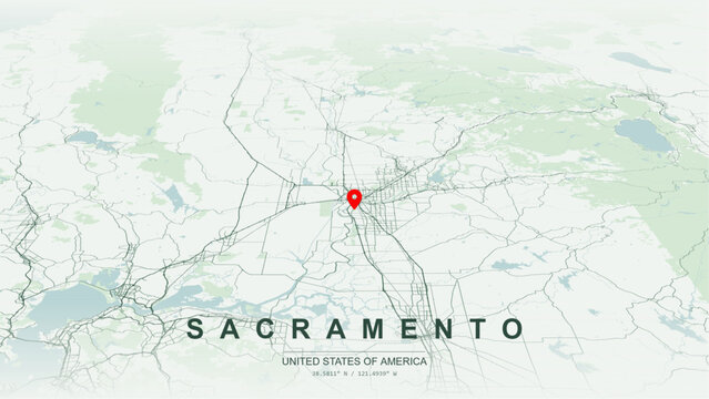 Minimalist vector map of Sacramento, California, USA. High-quality scalable illustration of Sacramento downtown city grid, Sacramento River and American River confluence layout for posters design. 