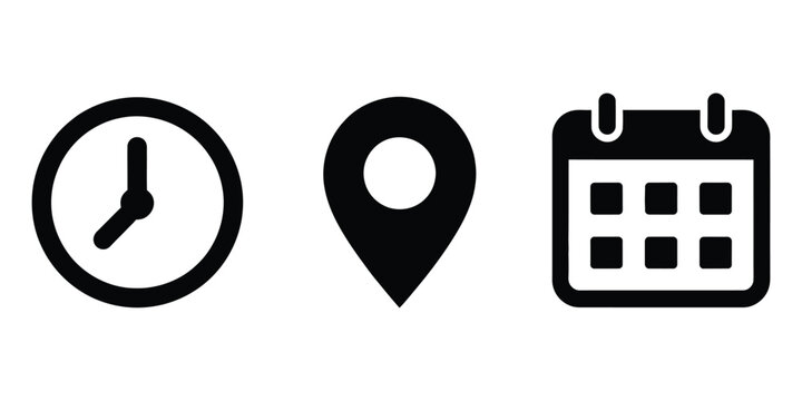 Time address and date icon set featuring clock, map pin location, and calendar symbols in flat style for scheduling, navigation, and event planning, vector, designs