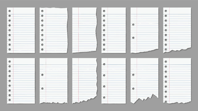Ripped Torn Notebook Paper Full Page Vertical Set Vector Template for Scrapbook Journal Note Design Realistic Lined Sheet Gray Background
