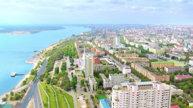 Volgograd city downtown aerial panorama showing the Museum of the Battle of Stalingrad and the river