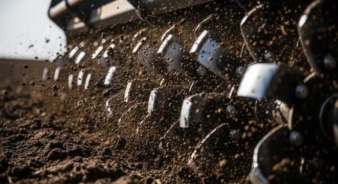 Farming equipment in motion with soil being tilled and dust flying from plow blades. Fields are prepared for planting with efficient machinery. Concept of agriculture and modern farming techniques.