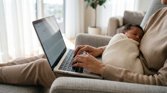 Working mother typing on laptop while holding sleeping newborn baby on armchair at home.