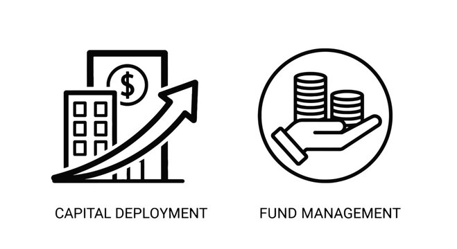 Finance and investment line icons featuring capital deployment and fund management concepts deployment management investment business currency strategy