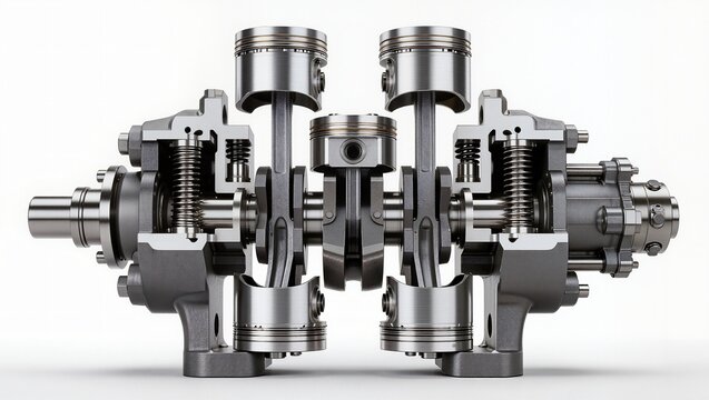 Cross-Section View of Four-Cylinder Engine with Pistons and Crankshaft Assembly