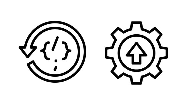 Code iteration and gear upload icons set representing software development and system update processes with iteration software development programming