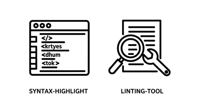 Programming development icons set featuring syntax highlighting code editor and software code linting analysis tool for modern web application developers