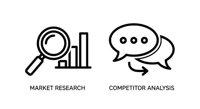 Market research and competitor analysis linear icon set for business strategy and marketing development with research competitor analysis business