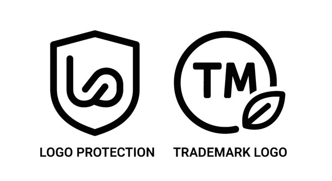 Brand identity protection icons featuring security shield for custom logo and trademark symbol for intellectual property legal registration, protection