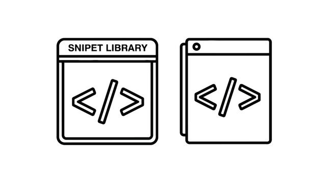 Coding snippet library icons representing web development and programming tools with development programming software brackets interface computer