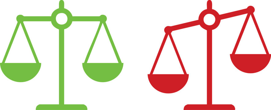 Balanced scales of justice, green and red, flat imbalance comparison