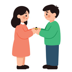 Fototapeta premium Happy couple exchanging wedding ring in cartoon style illustration on white background