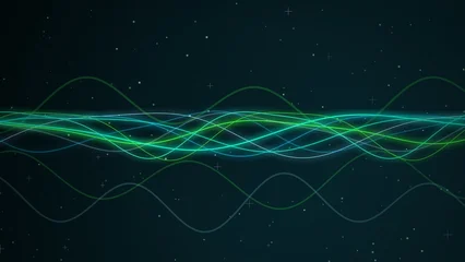 Fototapeten Fraktale Wellen A horizontal composition showcasing abstract flowing lines of light against a dark, starry background. The main subjects are multiple thin, luminous curves that weave and interlace across the center  © Hassan