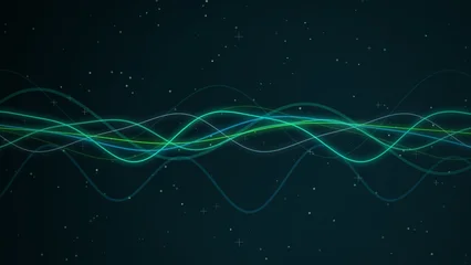 Fototapeten Fraktale Wellen A horizontal composition showcasing abstract flowing lines of light against a dark, starry background. The main subjects are multiple thin, luminous curves that weave and interlace across the center  © Hassan