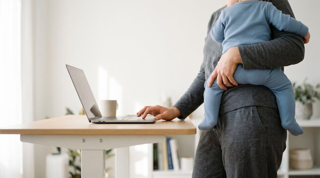 Working mom holding her baby while multitasking at standing desk in home office.