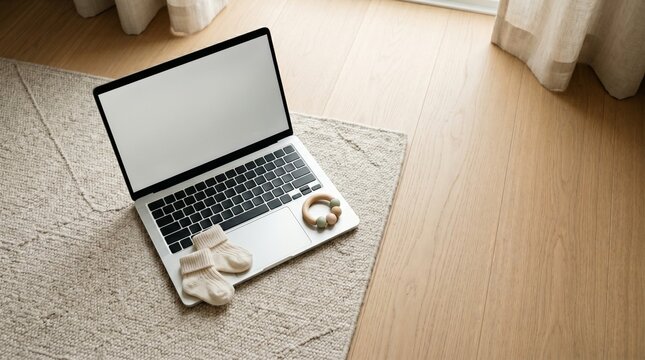 Laptop mockup with baby socks and wooden rattle on cozy home floor.