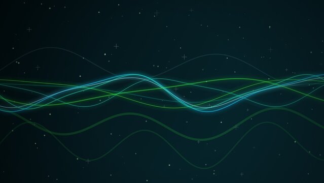 A horizontal composition showcasing abstract flowing lines of light against a dark, starry background. The main subjects are multiple thin, luminous curves that weave and interlace across the center