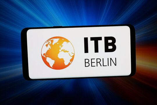 Stuttgart, Germany - 06-10-2026: In this photo illustration, the logo of Internationale Tourismus-Boerse (ITB) Berlin is displayed on a smartphone in front of abstract background on computer screen.