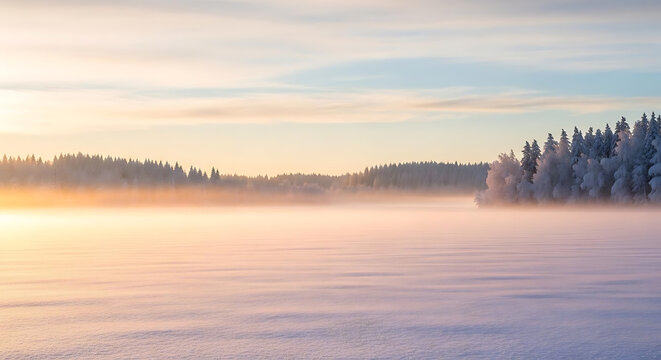 Winter landscape with frozen lake, snowcovered forest and mist at sunrise in finland