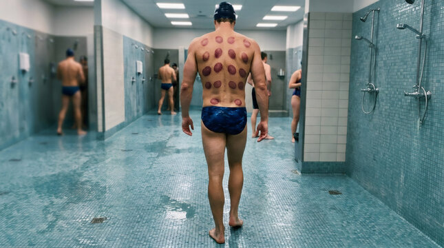 Swimmer with cupping marks on back walking through shower room. Professional athlete after training session. Physical therapy and muscle recovery treatment for sport performance concept.