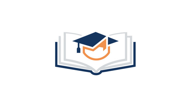Modern education logo featuring open book and graduation cap