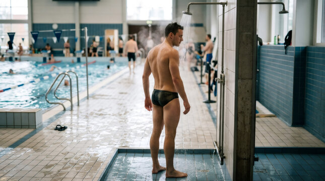 Man taking shower after swimming in public pool. Athlete rinsing body after laps training. Indoor sports complex routine, hygiene practice and fitness health concept.