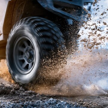 Off-road vehicle tire spinning rapidly on rugged terrain, kicking up a cloud of dirt and gravel during intense outdoor adventure activity