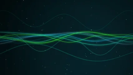 Fototapeten Fraktale Wellen A horizontal composition showcasing abstract flowing lines of light against a dark, starry background. The main subjects are multiple thin, luminous curves that weave and interlace across the center  © Hassan