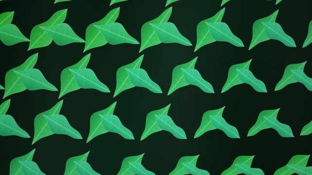 Seamless Pattern of Green Geometric Origami Leaf Shapes on Dark Background