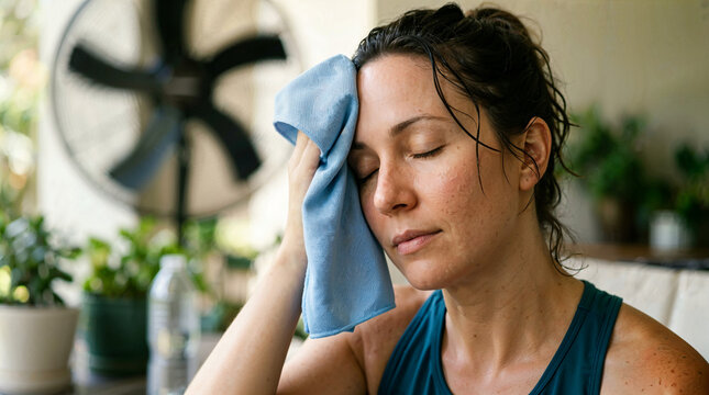 Woman wiping sweat from forehead while relaxing indoors with fan  