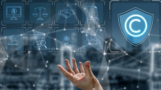 Digital copyright protection system showing secure ownership, intellectual property rights, content verification, and legal warning icons for creators and publishers Marrow