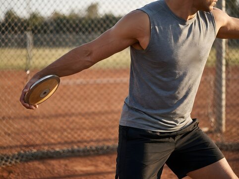 Strong Male Athlete Preparing to Throw Discus Plate during Track and Field Training at Stadium