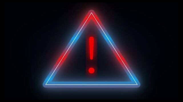Vibrant Neon Warning Sign Triangle with Red and Blue Glow Exclamation Mark Animated Loop  for Digital Content