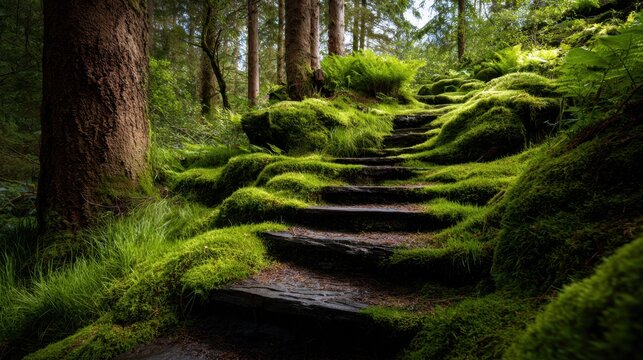 Serene forest stone steps winding upward through lush green moss and tall trees in a tranquil woodland setting with soft natural lighting